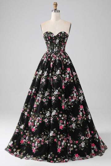 Luxurious Black A Line Sweetheart Corset Prom Dress with Appliques